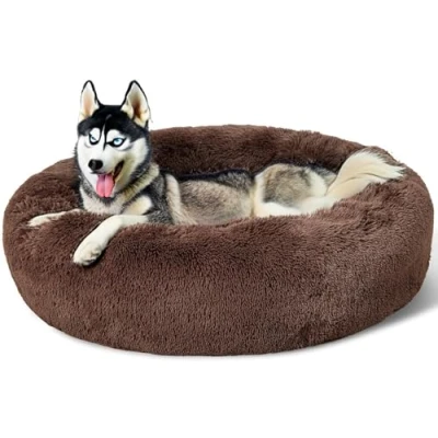 Image of SEOUGEE Calming Donut Dog Bed, Fluffy Plush Round Cat Cosy Soft Washable Cushion Self Warming Pet Beds with Non Slip Bottom, Indoor Sleeping Cuddler Nest for Medium Large Dogs (Coffee 100cm)