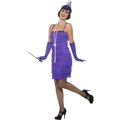 Image of Smiffys Flapper Costume, Purple with Short Dress, Headband &amp; Gloves, 1920&#039;s Razzle Fancy Adult Dress Up Costumes