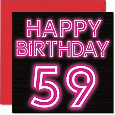 Image of Fun 59th Birthday Cards for Men Woman Neon Glow Happy Card Dad Mum Grandad Nanny Grandma Uncle Auntie Cousin Friend, 145mm x Greeting Cards,