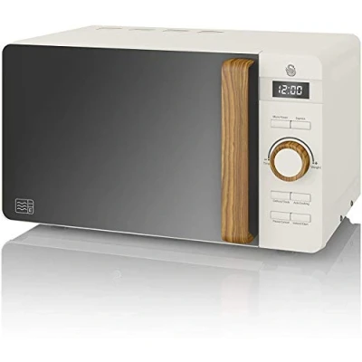 Image of Swan Nordic Digital Microwave, 20L, 6 Operating Levels, 800W Power, 30 Minute Timer, Easy, Clean, Defrost Mode, Modern Design, Wood Effect, Handle, Matte White