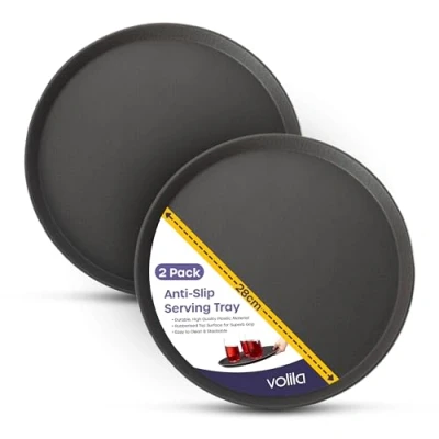 Image of volila Black Round Tray 28 cm (2 Pack) Rubberized Non Slip for Serving Food and Drinks Dishwasher Safe Parties, Gatherings, Bars, Restaurants Home