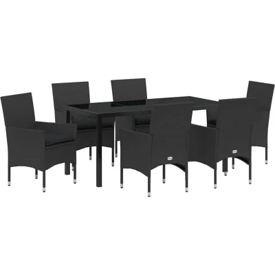 Image of vidaXL 7 Piece Garden Dining Set with Cushions Black Poly Rattan
