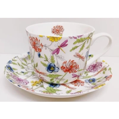 Image of Rainbow Decors Japanese Garden &amp; Dragonflies Cup and Saucer Fine Bone China Breakfast Jumbo 15 oz Floral Set Hand Decorated in UK