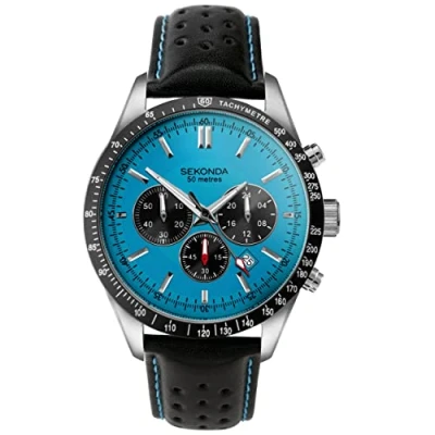 Image of Sekonda Velocity Men’s 45mm Quartz Watch in Blue with Analogue Display, and Black Leather Strap 30019