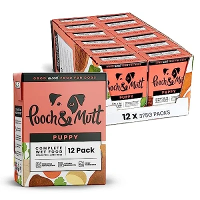Image of Pooch &amp; Mutt Puppy Specific Pack of Complete Wet Dog Food, Dry Food Topper, 12x375g