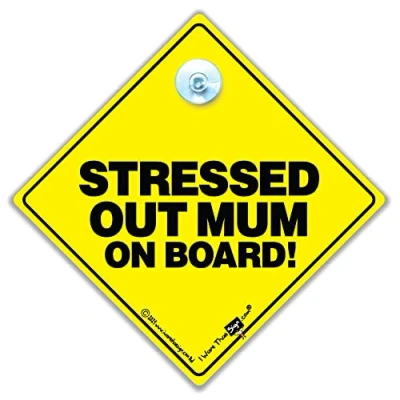 Image of STRESSED Out Mum On Board Car Sign, Suction Cup Baby Sign Style in Yellow And Black 14cm x