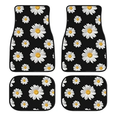 Image of Daisy Car Floor Mats Set of 4,Daisy Print Flowers Design Black Vehicle Front Rear Carpets Floral Decor Rugs Non Slip Auto Accessories Universal Fit for SUV Van Truck