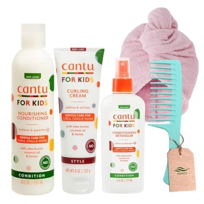 Image of Kids Conditioning Curly Hair Bundle with Cantu Curling Cream 227g Detangling Spray 177ml and Conditioner 237ml Ferwizz Wide Tooth Comb Microfibre Wrap