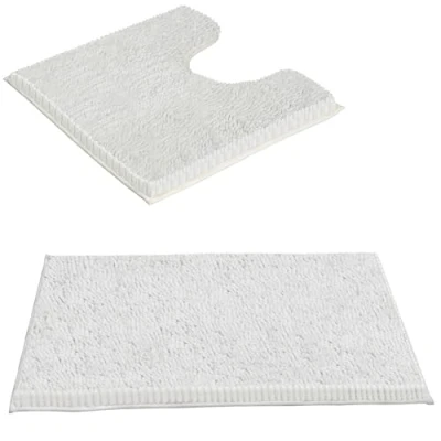 Image of Crystals Non Slip Chenille TOILET &amp; BATH Mat Set, Super Soft Absorbent, Quick Dry Plush Bathroom Rugs, Machine Washable U Shape Rectangle Mats, 50x50cm, 45x70cm (2, WHITE MAT)