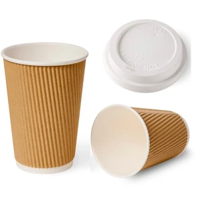 Image of Sunrise Packaging 8oz / 240ml Kraft Ripple Paper Cups with Lids 3Ply Insulated Hot Drinks for Tea Coffee Cappuccino Drinking (200)