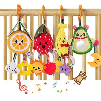Image of tumama 4 Pack Hanging Fruit Rattles Baby Toys,Avocado,Banana,Orange and Strawberry Stroller Cot Crib Toy,Plush Soft Rattle with Teethers for 3 6 9 12 Months Boys Girls Birthday Gifts