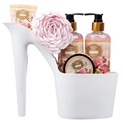 Image of 5 Piece Stylish British Rose Body &amp; Bath High Heel Shoe Gift Set Includes Shower Gel, Bubble Bath, Butter, Lotion and an Eva Puff