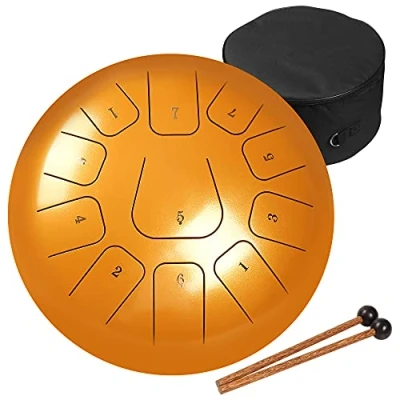 Image of Amkoskr 12 Inches 30cm Steel Tongue Drum C Key 11 Notes Percussion Instrument Hand Pan with Mallets/Carry Bag(Gold)