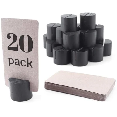 Image of 20 Pack Mini Wood Table Number Holders with 25Pcs Kraft Paper Place Cards Card Holders, Dinner Name for Tables, Wooden Picture and Sign Holder (Black)