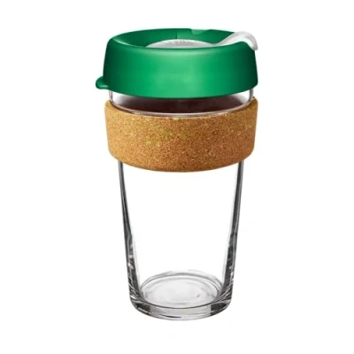 Image of KeepCup Brew Cork Ace Reusable Coffee Cup Tempered Glass and Recovered Tennis Ball Band, L 16oz/454ml Slam