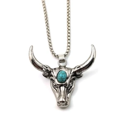 Image of MayiaHey Bull Head Pendant, Turquoise Necklace for Men, Norse Viking Jewelry, Hip Hop Charm Stainless Steel Punk Animal Pendant Boys
