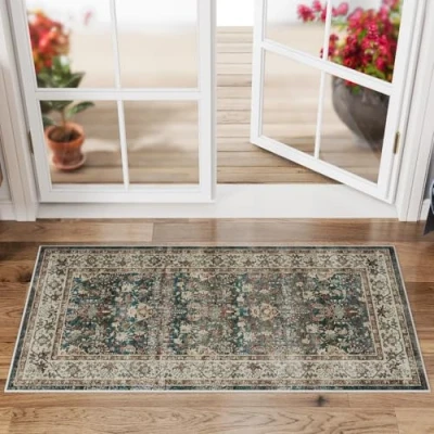 Image of Dripex Washable Door Mat for Entryway 60x110cm, Green Vintage Rug Front Back Short Pile, Machine Kitchen Non Slip Bath Bathroom