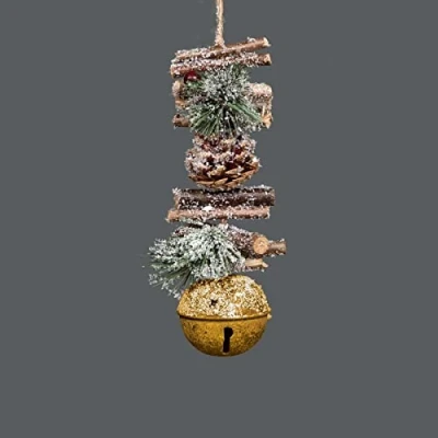 Image of SHATCHI 33cm Garland with Golden Jingle Bells Wooden Sticks, Berries and Pinecones Christmas Home Wall Door Hanger Sleigh Xmas Holiday Hanging Decorations
