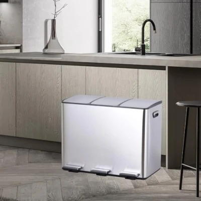 Image of HYGRAD 3 Compartment Recycling Bin 45L Dual Compartments Kitchen Pedal Dust Waste Separation System (3x15L Compartments) (Silver)