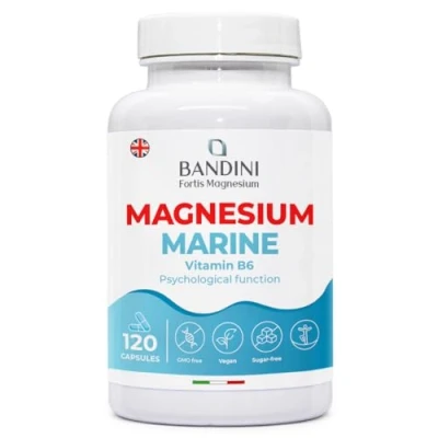 Image of Bandini® Marine Magnesium and Vitamin B6 Fights Fatigue, Stress &amp; Aches 120 Plant Based Capsules (4 Month Supply) High Strength Supplement 100% Vegan Improves Sleep, Nerve Muscle Function