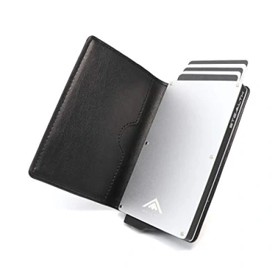 Image of Stealth Wallet RFID Card Holder Smart Minimalist Pop Up Wallets with Gift Box Slim Lightweight Metal Credit Holders for Men &amp; Contactless Protector (Silver Aluminium, Black Leather)