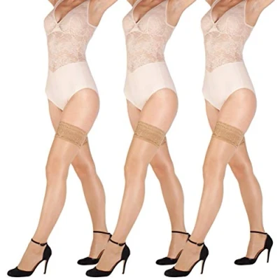 Image of Giulia Hold Up Stockings 20 or 40 Denier with Lace Waistband 9 cm Floral Pattern Flower, Den (Set of 3) Daino, Medium/Large