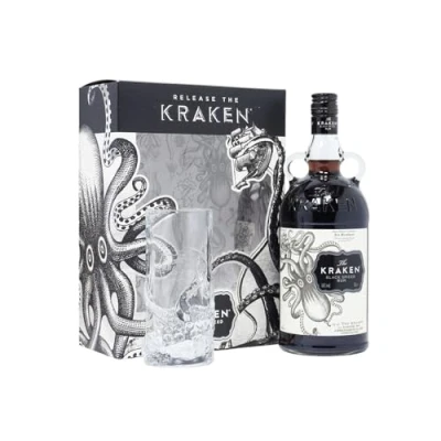 Image of Kraken Black Spiced Rum Gift Set with Vessel Glass (1litre Bottle) Spirits Alcohol Offers Deals of the Day, For Her, Him, Birthday Christmas Anniversary