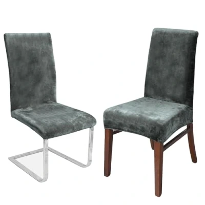 Image of LANSHENG Stretchy Chair Covers for Dining Room Chairs,Stretch Spandex with Elastic Band Chaircover,Velvet Large Slipcovers Restaurant Hotel Party Banquet (Silver Gray,2 Pack(M))