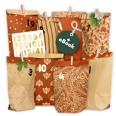 Image of AMARI ® Advent Calendar for Filling No. 20 Vintage Brown 24 Paper Bags (with Wooden Clips) Crafts Christmas