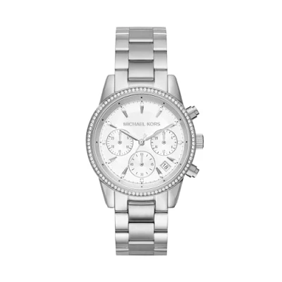 Image of Michael Kors Ritz Chronograph Silver Stainless Steel Strap with Dial Women&#039;s Watch MK6428