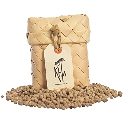 Image of KHLA PGI Premium Kampot White Pepper 50g Peppercorns Organically Grown Traditionally Packaged in Palm Leaves