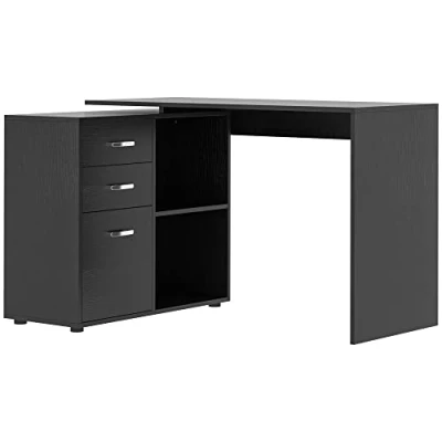 Image of HOMCOM L Shaped Computer Desk, 2 Corner Desk with Drawers, File Cabinet and Storage Shelves, Home Office Black