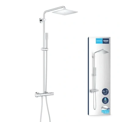 Image of GROHE Vitalio Joy XXL 230 Exposed Thermostatic Shower with Aquadimmer Function (23 cm Head Rain Spray, Stick Hand Shower, Swivable 45 Projection Arm, Hose 1.75 m), Chrome, 26365000