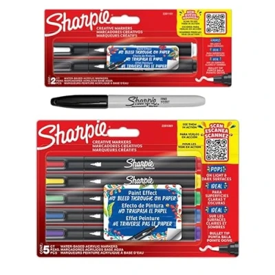 Image of Sharpie Acrylic Marker, Bullet BL5 &amp; Brush BL2 Tips, Black, Assorted Colors, 8 Count