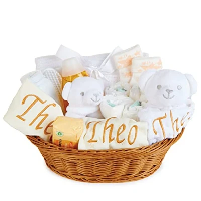 Image of Baby Box Shop 17 Essentials for Newborn with 3 Personalised Gifts Perfect as Gender Reveal Gifts, Shower &amp; Christenings Hamper in Rattan Basket (White)