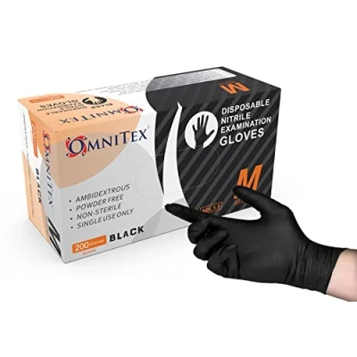 Image of Omnitex Box 200 Premium Disposable Black Nitrile Gloves Powder Free Latex Ambidextrous Food Safe EN455 EN374 EN420 CE &amp; UKCA Cat3 grade (Large)