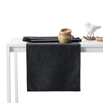 Image of AmeliaHome Gaia Table Runner 40 x 120 cm Lotus Effect Water Repellent Leaves Anthracite