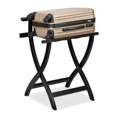 Image of Relaxdays Folding Luggage Rack with Wall Protection, HxWxD: 75 x 60 41 cm, Suitcase Stand for Hotels, Pine Wood, Black, 43 23 1.5 cm