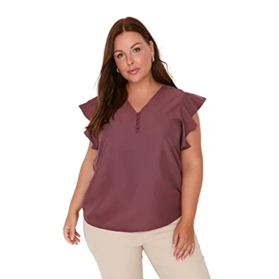 Image of Trendyol Women Plus Size Regular Basic V Neck Woven Blouse