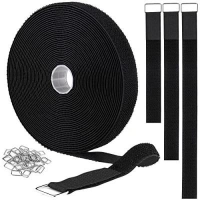Image of YMCRLUX 2cm x10m Hook and Loop Straps with 40 Metal Buckles,Cut to Length Reusable Cable Ties,Adjustable Fastening Straps,Nylon Securing Cinch Strap,2cm Wide, Black