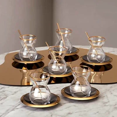 Image of Karaca Laçin 18 Piece Tea Set for 6 People, Elegant Enjoyment in Gold and White Set, Turkish Glasses