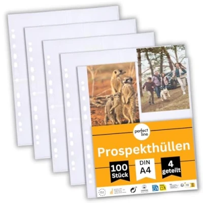 Image of perfect line 100 transparent A4 segmented folders, clear punched pockets divided into 4 segments (A6 upright), colourless sheets with top insertion