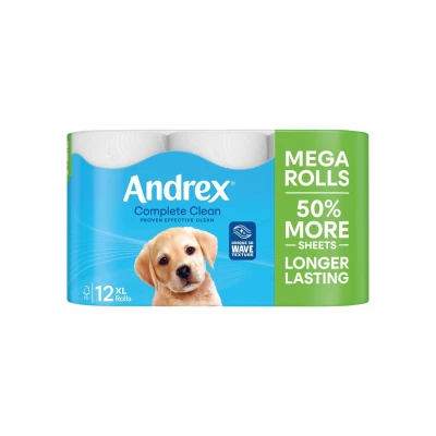 Image of Andrex Complete Clean Toilet Tissue; 12 Mega Rolls = 18 Standard Loo with Unique 3D Wave Texture for a Proven, Effective (Previously Classic Clean)