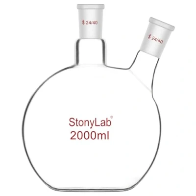 Image of stonylab Flat Bottom Flask FBF, Heavy Wall 2 Neck Lab Borosilicate Glass Boiling with 24/40 Standard Joint, 2000 ml (2 L)