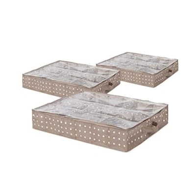 Image of Compactor Set of 3 Under Bed Shoe Bags, Brown, Non Woven, Clear PEVA Top, White Dots, 60 x 76 15 H cm, 12 Pair Applicable