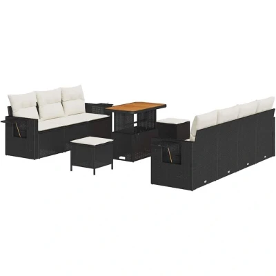 Image of vidaXL 10 Piece Garden Sofa Set with Cushions Black Poly Rattan Acacia