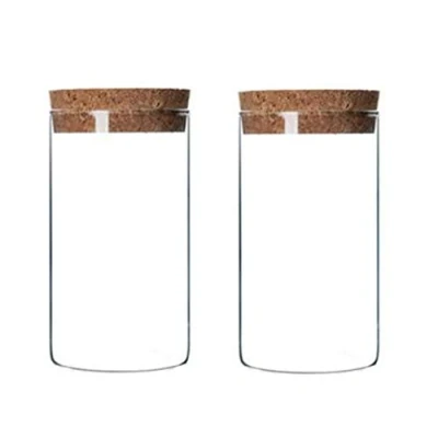 Image of 2 Pcs 300ml Stackable Clear Glass Jar Set High Borosilicate Cylinder Airtight Food Storage Container Canister with Cork Lid for Tea Herbs Coffee