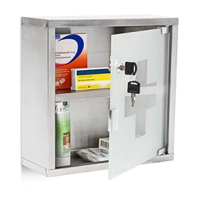 Image of Relaxdays EMERGENCY L Medicine Cabinet, 30 x 12 cm, 2 Shelves and Locking Door, Stainless Steel Glass, Silver