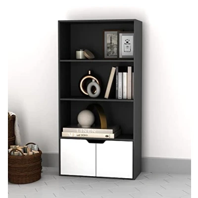 Image of URBNLIVING 4 Tier Wide Wooden Bookcase Cupboard with 2 Doors Storage Shelving Display Shelf Cabinet Unit (Black White Doors)