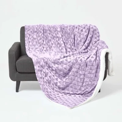 Image of HOMESCAPES Large Lavender Purple Velvet Throw 160 x 200cm Soft Geometric Pattern Sherpa Blanket Bed and Sofa for Double Beds 2 Seater Sofas